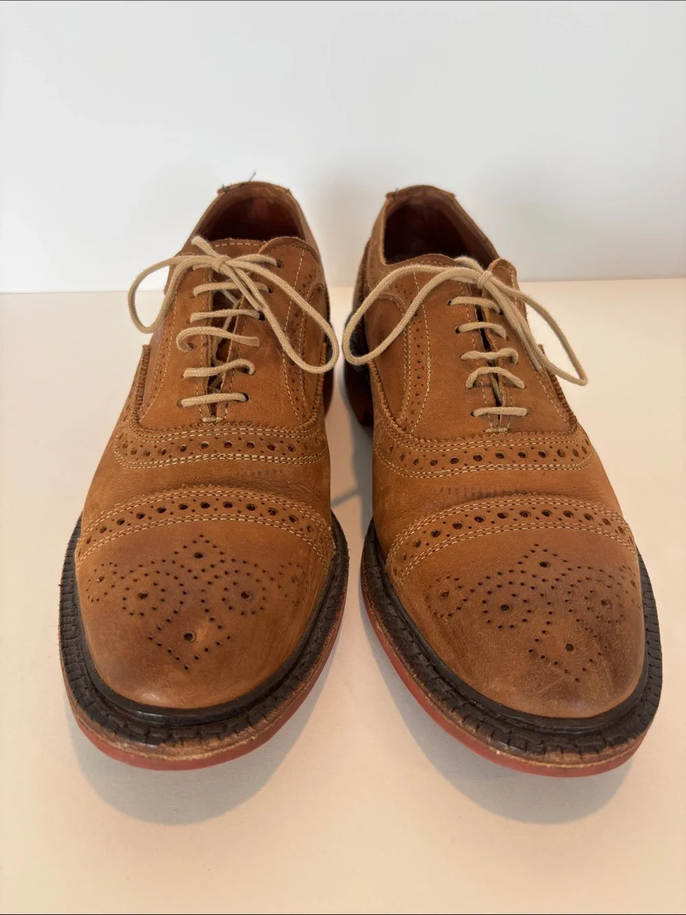 Men's Allen Edmonds Strandmok Tan Brogue Leather Lace-Up Dress Shoes Size 8E